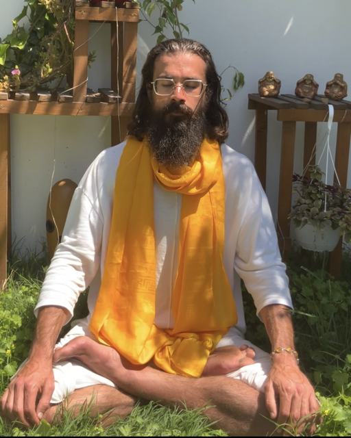 Awe seated in meditation in the garden